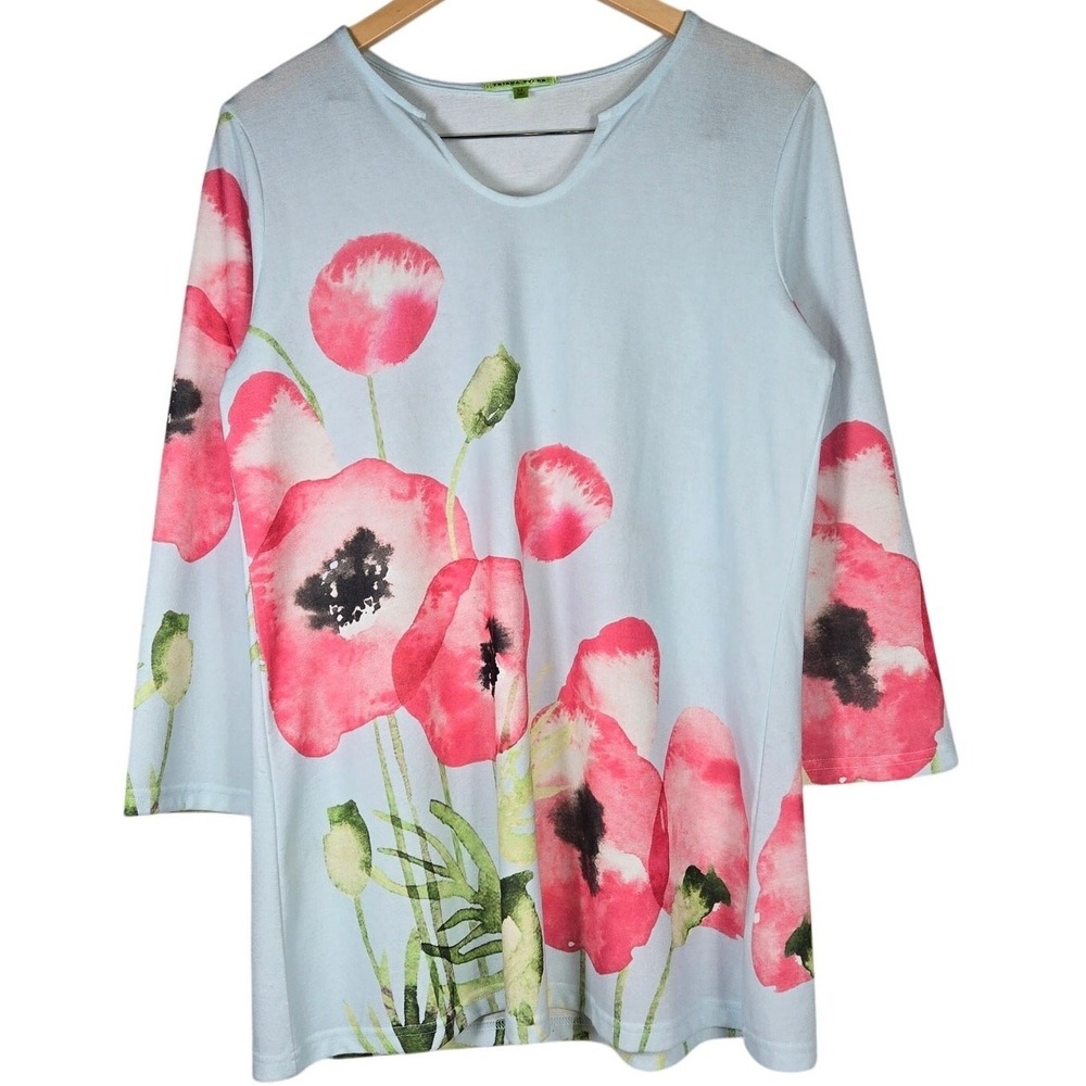 Trisha Tyler Women's Blue Poppy Print 3/4 Sleeve V-Neck Top Size Medium